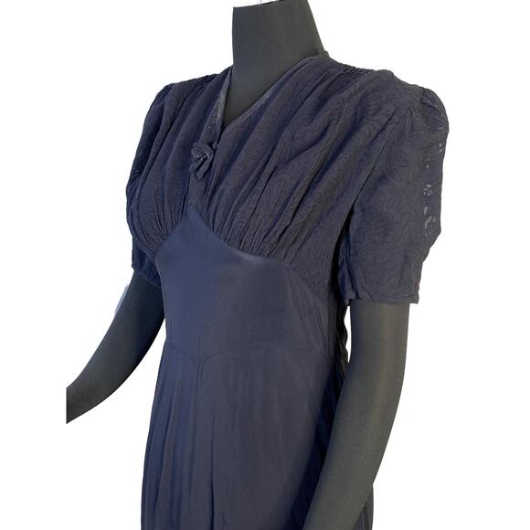 Vintage 1930s Navy Blue Dress with Burnout Sheer Sleeves -Size 4 Movie Star Glam - Picture 10 of 16